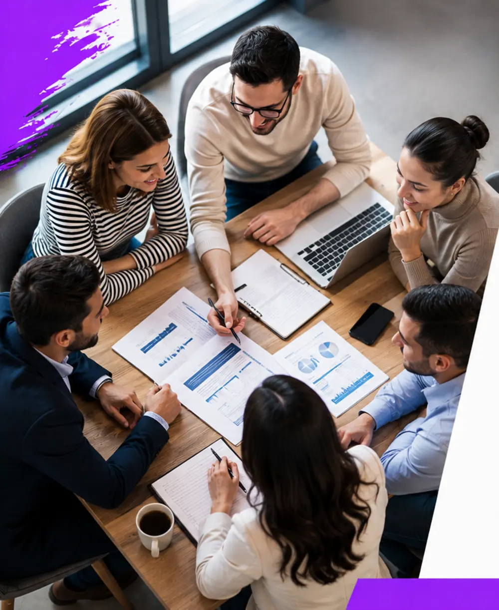 Equipo reunido analizando información financiera